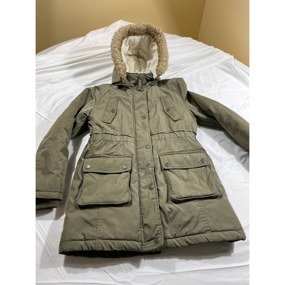 Falls Creek Large 10/12 Olive Green Parka Jacket Hooded Faux Fur Coat Warm Woman